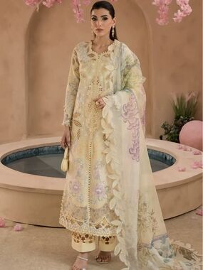 Afrozeh Painted Garden Luxury Lawn Collection, 3pc With Khaadi Net Dupatta